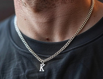 Gental Gems by Karat Kings | Minimalist Solid 5mm Cuban Link Chain with Custom Name Initial (Rhodium Plated) |  Sterling Silver Chain
