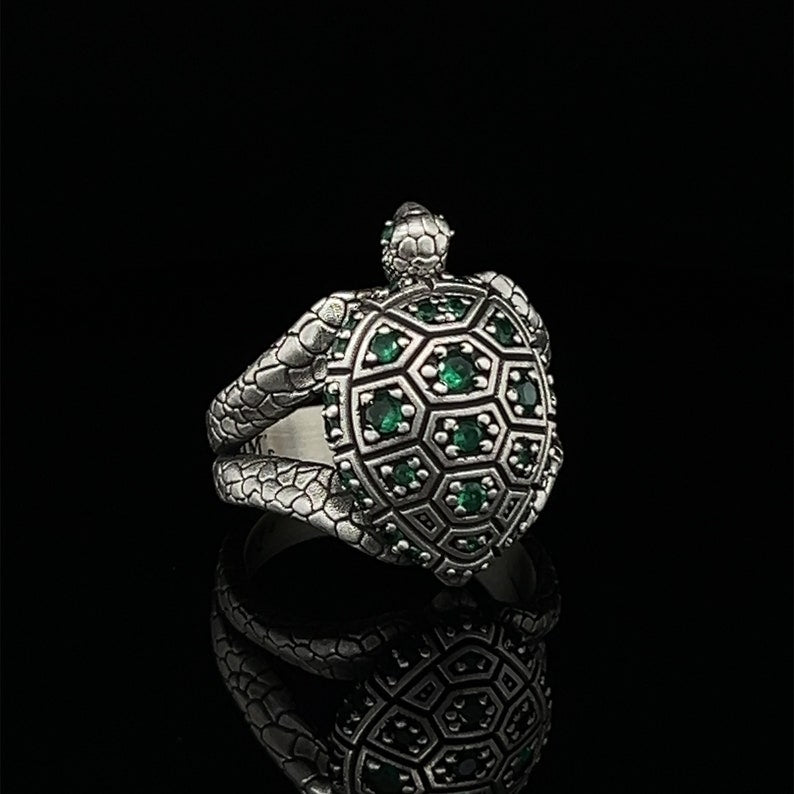 Gental Gems by Karat Kings | Antique Designed Turtle Ring With Blue Zircon|  Sterling Silver Oxidized Ring | Men's Jewelry | With Certificate of Authenticity and  Hallmark