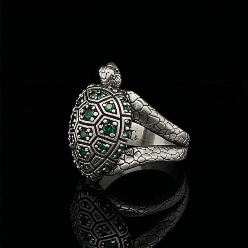 Gental Gems by Karat Kings | Antique Designed Turtle Ring With Blue Zircon|  Sterling Silver Oxidized Ring | Men's Jewelry | With Certificate of Authenticity and  Hallmark