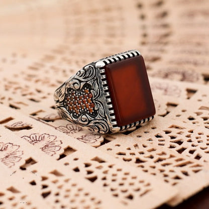 Turkish Handmade Royal Red Agate Silver Luxury Aqeeq Ring