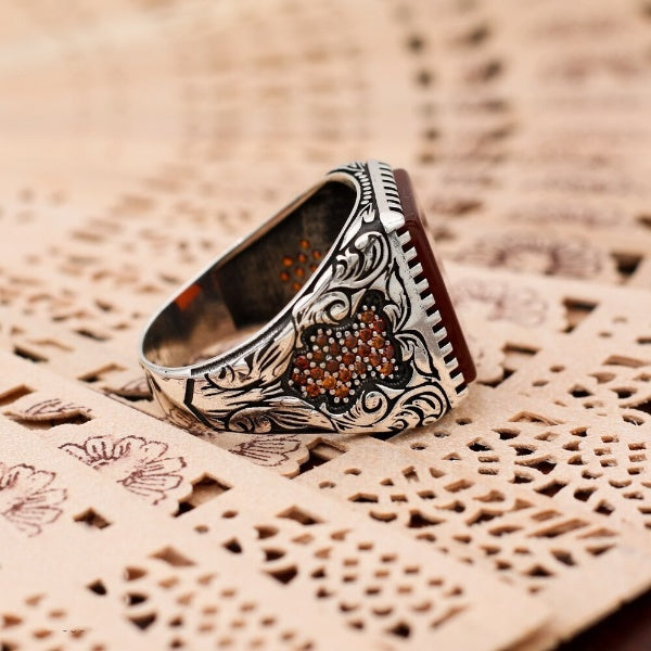 Turkish Handmade Royal Red Agate Silver Luxury Aqeeq Ring