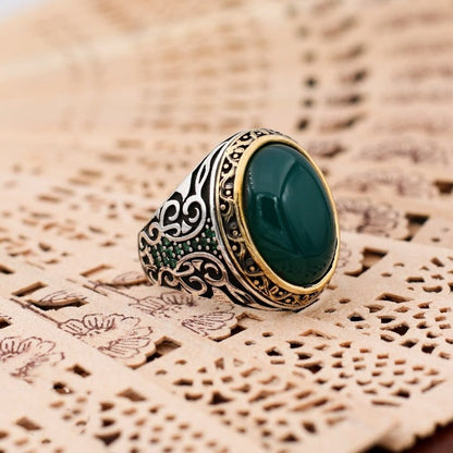 Turkish Green Agate Handmade Sterling Silver Luxury Aqeeq Ring