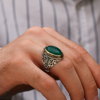 Turkish Green Agate Handmade Sterling Silver Luxury Aqeeq Ring