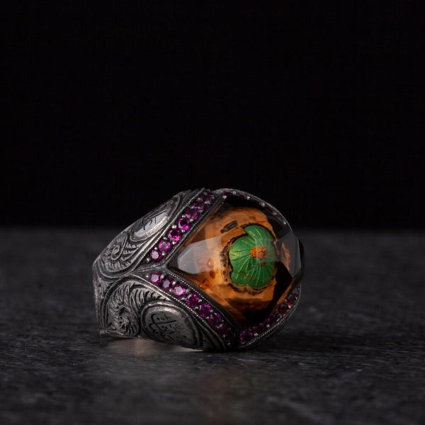 Masjid Nabawi Islamic Ring, Green Dome Silver Men Ring