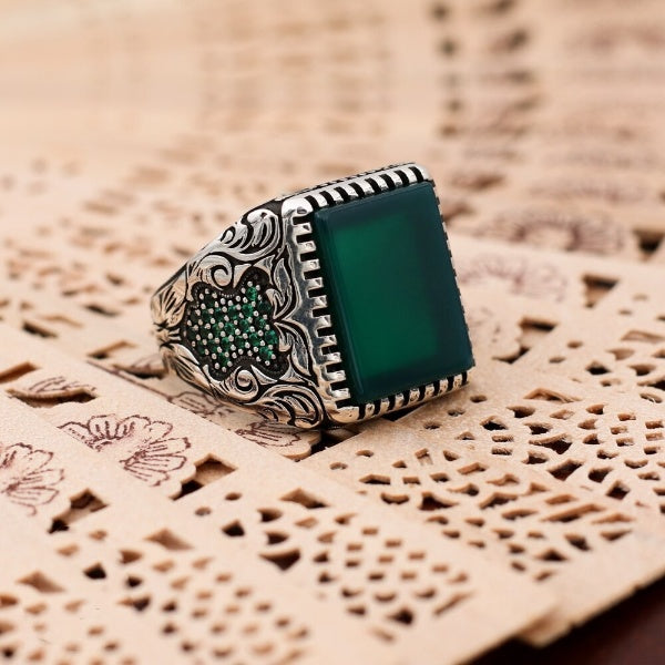Turkish Handmade Royal Green Agate Silver Luxury Aqeeq Ring