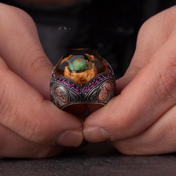 Masjid Nabawi Islamic Ring, Green Dome Silver Men Ring
