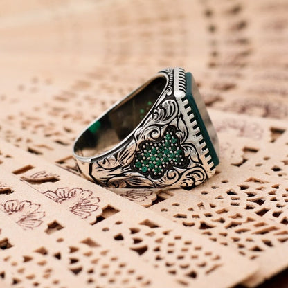 Turkish Handmade Royal Green Agate Silver Luxury Aqeeq Ring