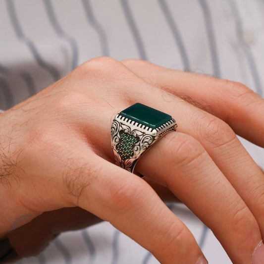 Turkish Handmade Royal Green Agate Silver Luxury Aqeeq Ring