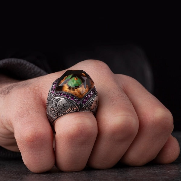 Masjid Nabawi Islamic Ring, Green Dome Silver Men Ring