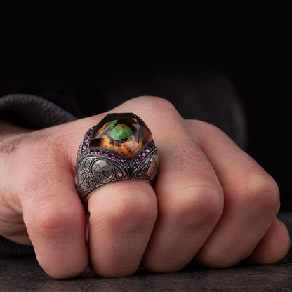 Masjid Nabawi Islamic Ring, Green Dome Silver Men Ring