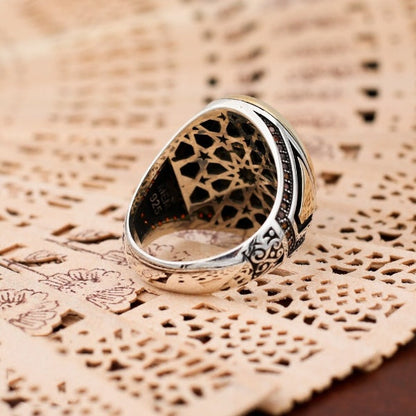 Islamic Yemeni Aqeeq stone Ring, Turkish Handmade Silver Men Ring