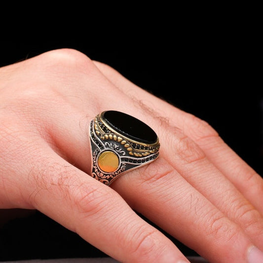Islamic Black Aqeeq Stone Ring, Turkish Handmade Silver Men Ring