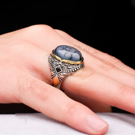 Islamic Royal Black Aqeeq Stone Ring, Turkish Handmade Silver Ring For Men