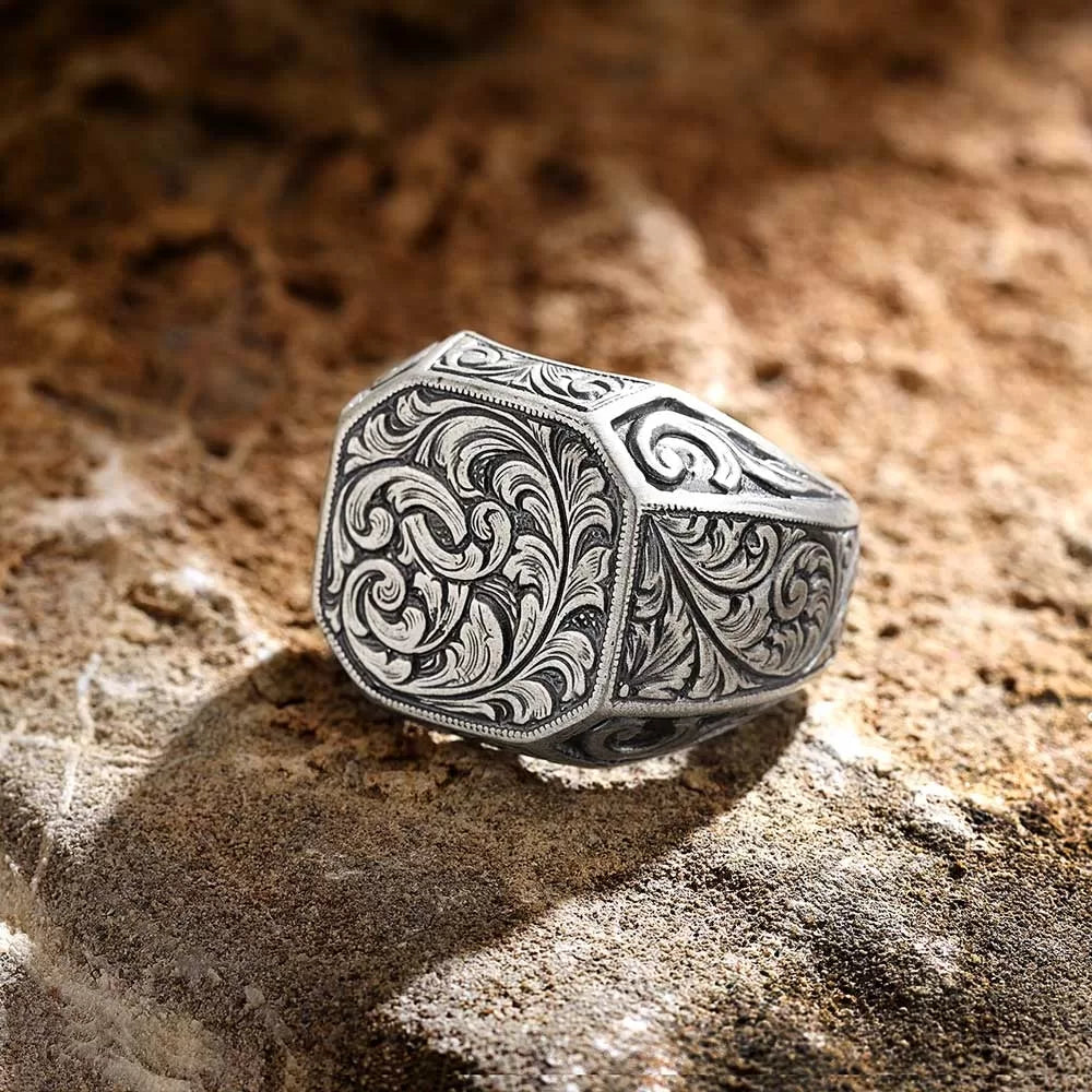 Gental Gems by Karat Kings | Exclusive Hand Engraved Ring for Men, Oxidized Sterling Silver  Ring | Jewellery for Men| With Certificate of Authenticity and  Hallmark