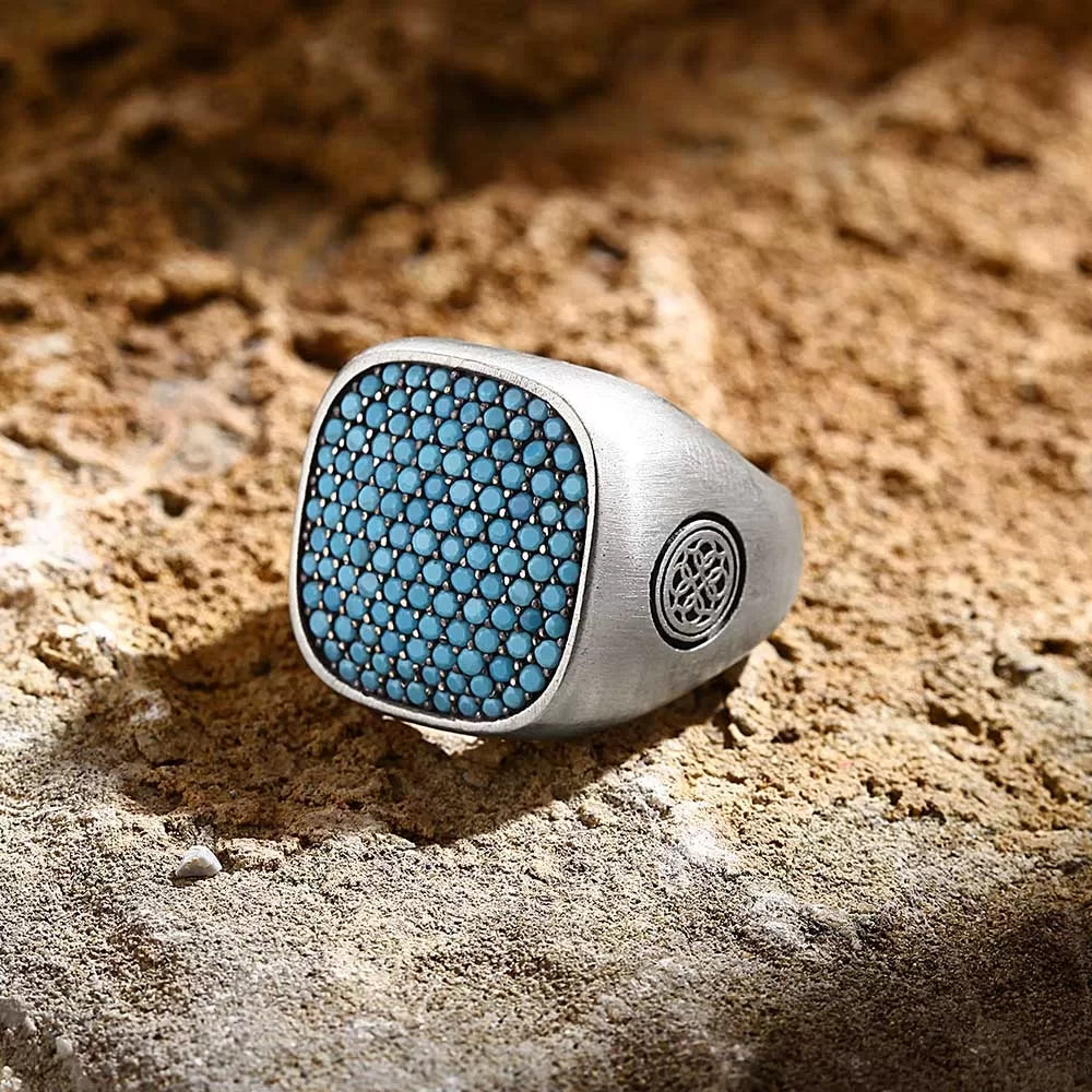 Gental Gems by Karat Kings | Unique Designed Turkish Style Ring with Multiple Natural Turquoise Stone Ring |  Sterling Silver Oxidized Ring | Men's Jewelry | With Certificate of Authenticity and  Hallmark