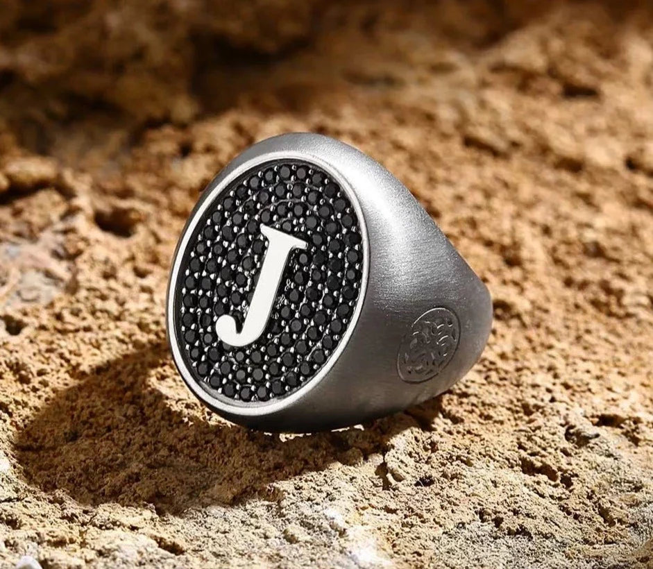 Gental Gems by Karat Kings | Exclusive Personalized Name Initials Ring Studded with Black Zircon | Sterling Silver  Ring | Jewelry for Men| With Certificate of Authenticity and  Hallmark