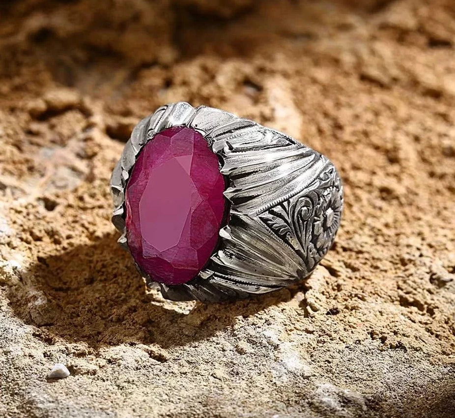 Gental Gems by Karat Kings | Unique Designed Ring with Natural Red Ruby |  Sterling Silver Oxidized Ring