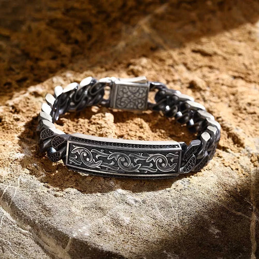 Gental Gems by Karat Kings | 16mm Unique Hand Engraved Black Iced Cuban Link Bracelet for Men | Dark Oxidized 925 Silver Bracelet | Men's Jewelry | With Certificate of Authenticity and 925 Hallmark