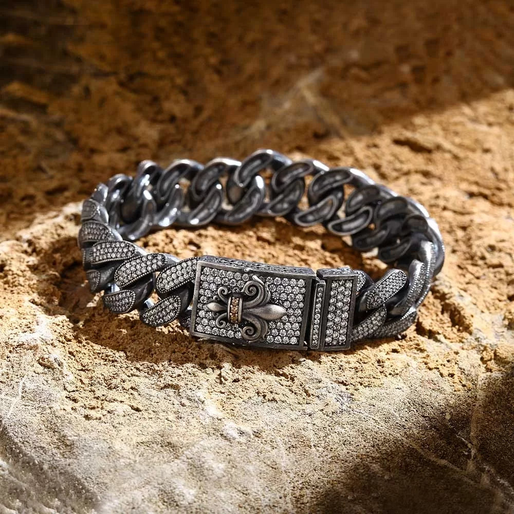 16mm Unique Fleur-De-Lis Iced Cuban Link Bracelet for Men | Dark Oxidized 925 Silver Bracelet | With Certificate of Authenticity and 925 Hallmark