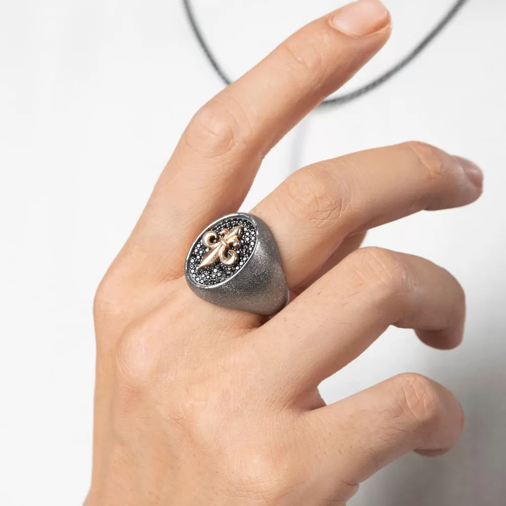 Gental Gems by Karat Kings | Exclusive Fleur de Lis Ring Studded with Black Cubic Zirconia, Sterling Silver  Ring | Jewellery for Men| With Certificate of Authenticity and  Hallmark