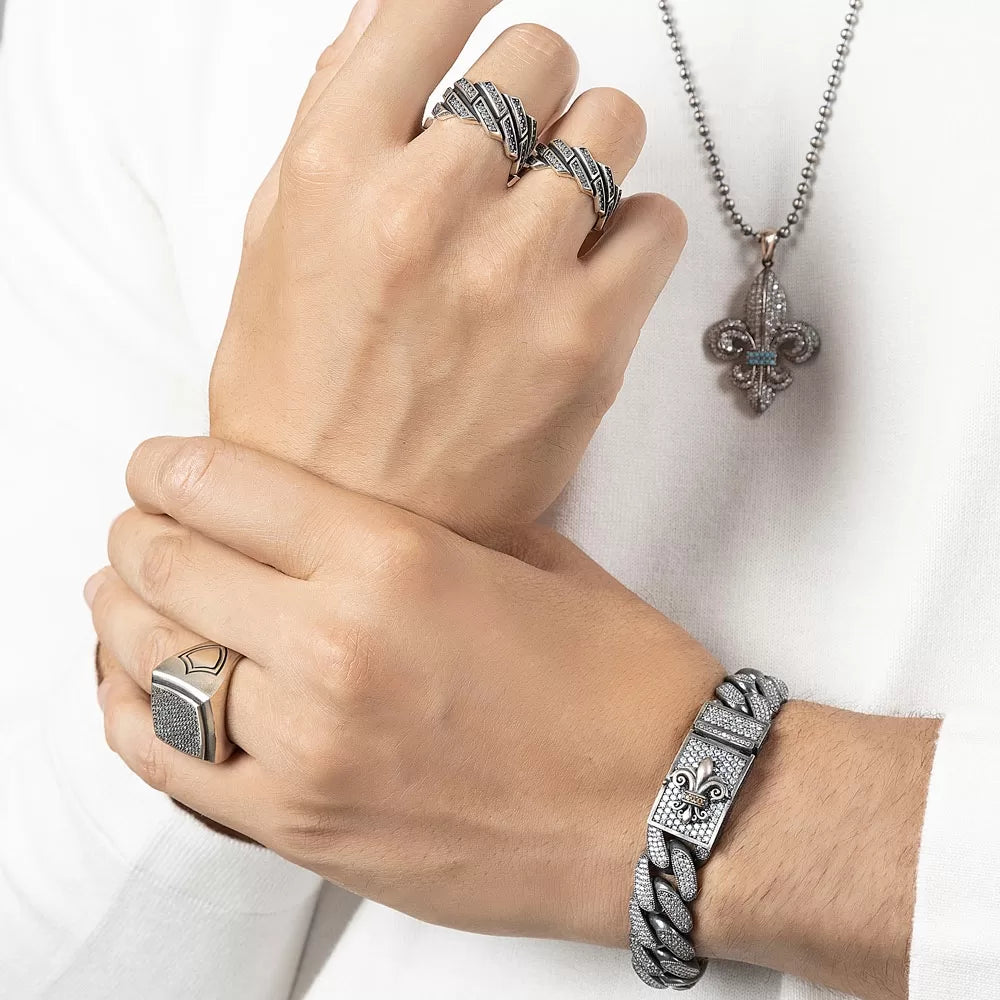 16mm Unique Fleur-De-Lis Iced Cuban Link Bracelet for Men | Dark Oxidized 925 Silver Bracelet | With Certificate of Authenticity and 925 Hallmark
