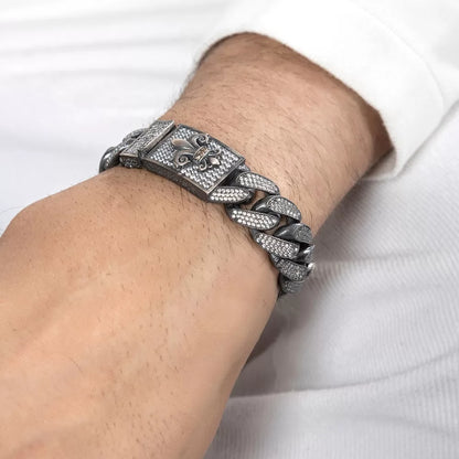 16mm Unique Fleur-De-Lis Iced Cuban Link Bracelet for Men | Dark Oxidized 925 Silver Bracelet | With Certificate of Authenticity and 925 Hallmark