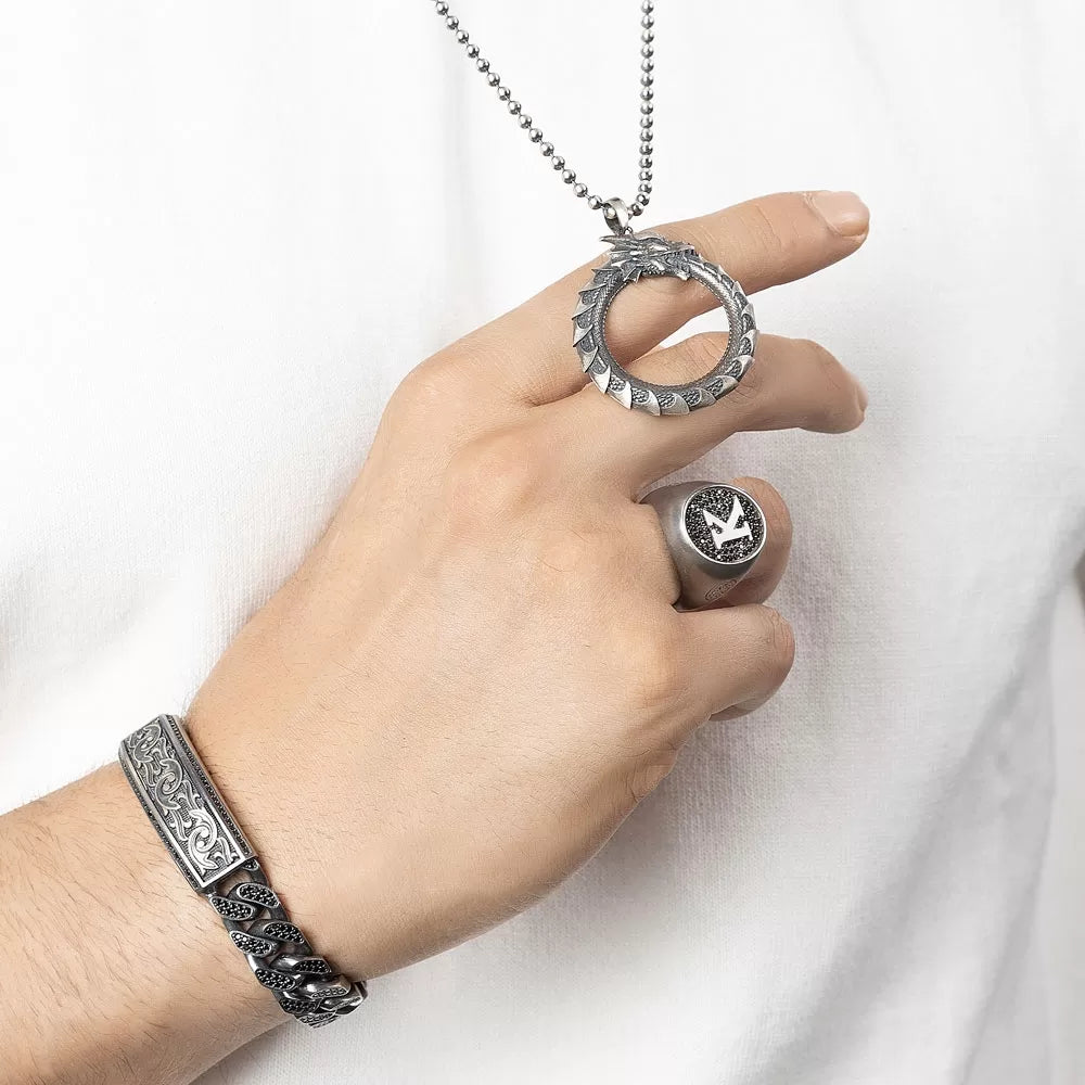 Gental Gems by Karat Kings | 16mm Unique Hand Engraved Black Iced Cuban Link Bracelet for Men | Dark Oxidized  Silver Bracelet