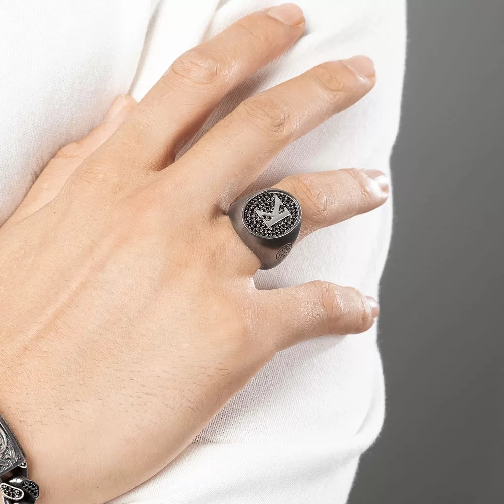 Gental Gems by Karat Kings | Exclusive Personalized Name Initials Ring Studded with Black Zircon | Sterling Silver  Ring | Jewelry for Men| With Certificate of Authenticity and  Hallmark