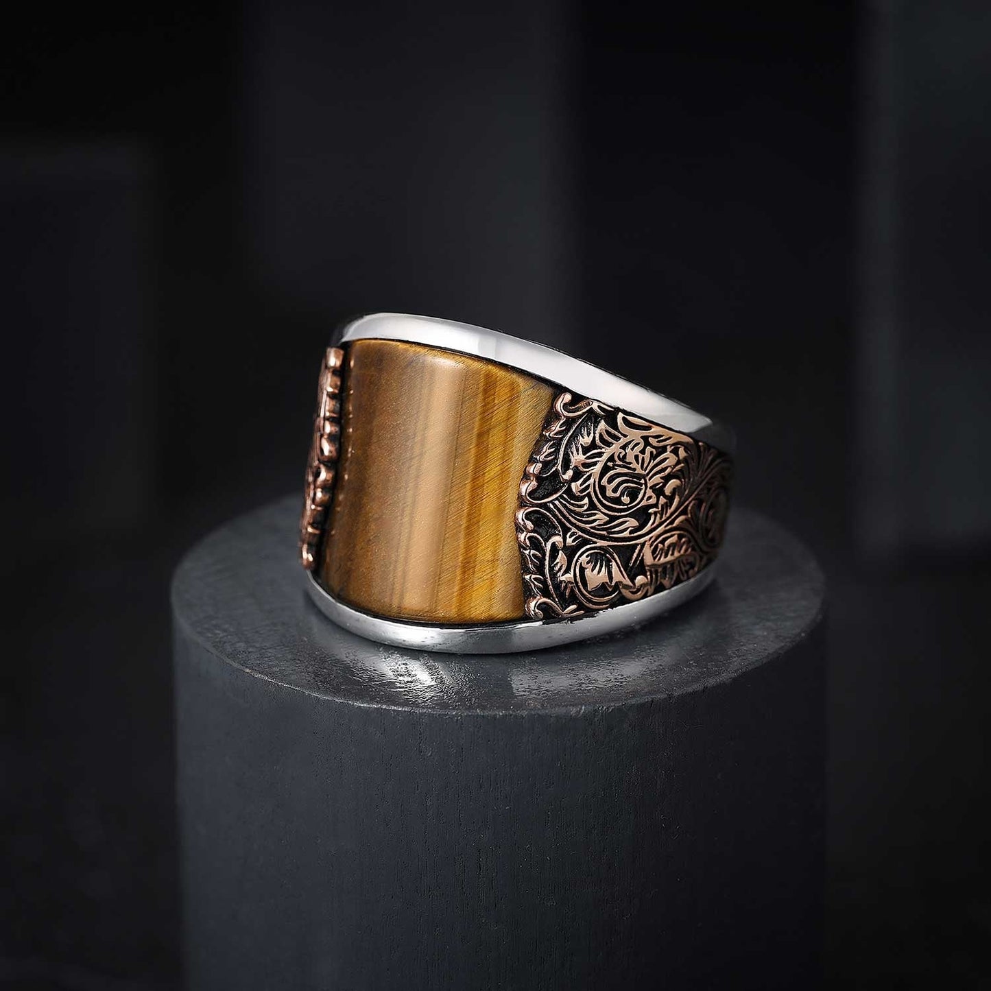 Gental Gems by Karat Kings | Unique Designed Turkish Style Curved Ring with Natural Tiger Eye |  Sterling Silver Gold Plated Ring