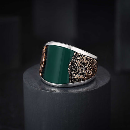 Gental Gems by Karat Kings | Unique Designed Turkish Style Curved Ring with Green Onyx  |  Sterling Silver Gold Plated Ring | Men's Jewelry | With Certificate of Authenticity and  Hallmark