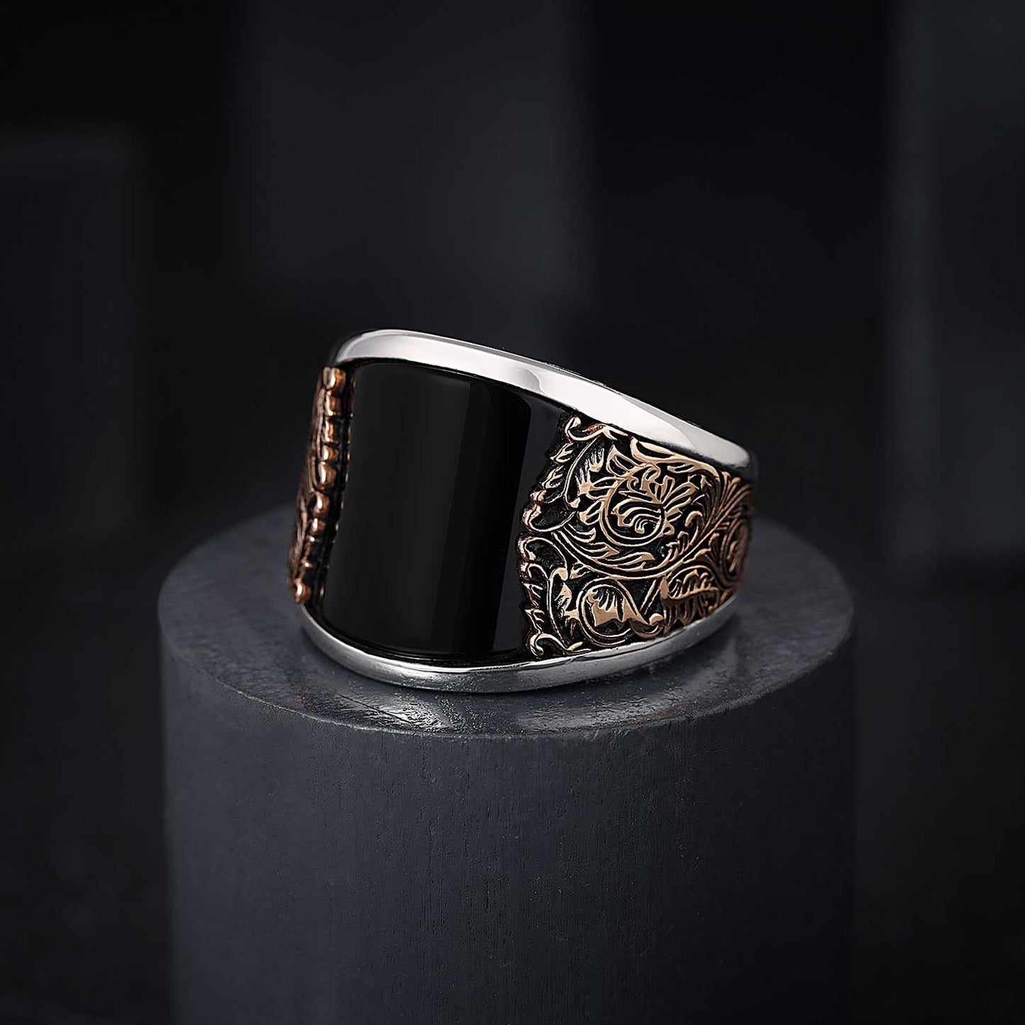 Gental Gems by Karat Kings | Unique Designed Turkish Style Curved Ring with Natural Black Onyx |  Sterling Silver Gold Plated Ring