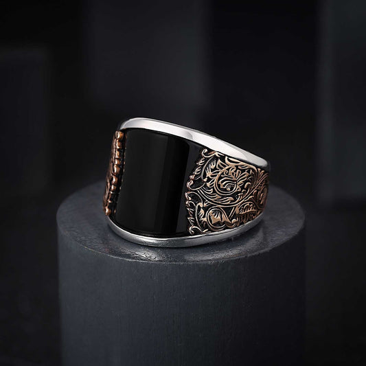 Gental Gems by Karat Kings | Unique Designed Turkish Style Curved Ring with Natural Black Onyx |  Sterling Silver Gold Plated Ring