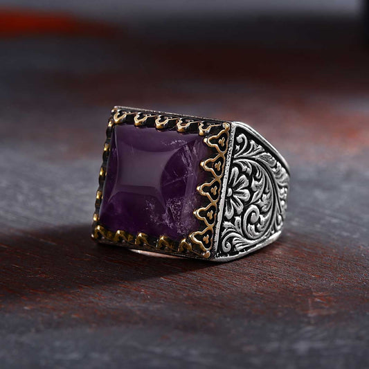 Gental Gems by Karat Kings | Unique Designed Turkish Style Premium Ring with Purple Amethyst |  Sterling Silver Oxidized Ring | Men's Jewelry | With Certificate of Authenticity and  Hallmark