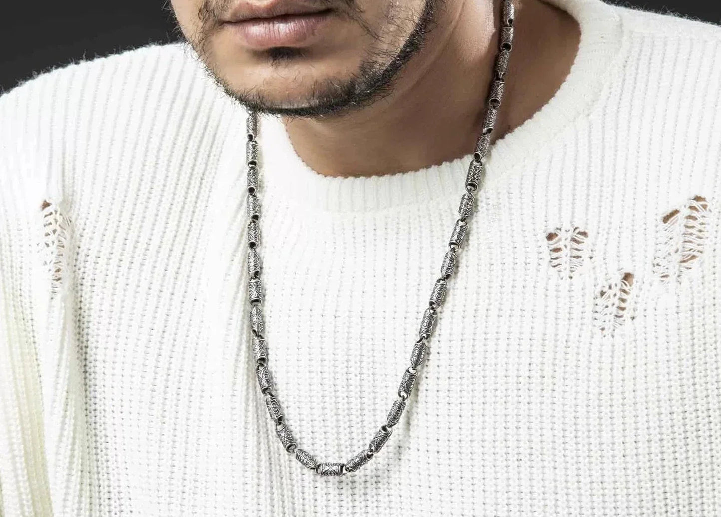 Gental Gems by Karat Kings | Unique Vintage Artistry Cyllendrical Oxidized Chain |  Sterling Silver Chain