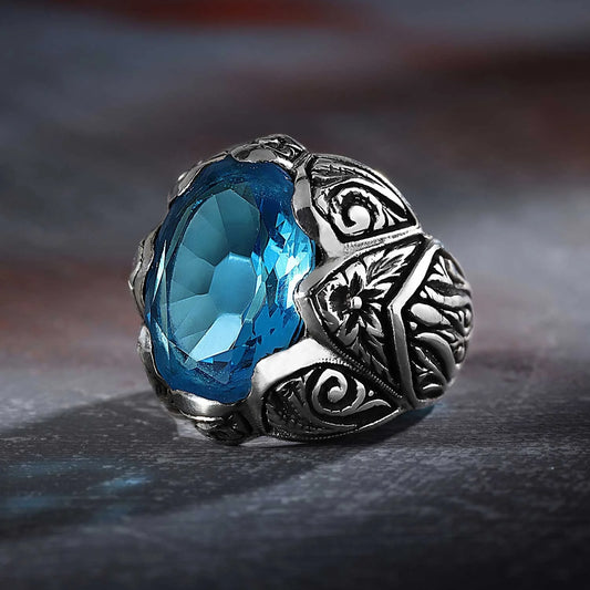 Gental Gems by Karat Kings | Exclusively Designed Ring with Blue Topaz |  Sterling Silver Oxidized Ring | Men's Jewelry | With Certificate of Authenticity and  Hallmark