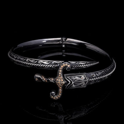 Gental Gems by Karat Kings | Exclusive Adjustable Silver Sword studded with Black Zirconia Handcuff Bracelet for Men & Boys |  Sterling Silver Bracelet | Men's Jewelry | With Certificate of Authenticity and  Hallmark
