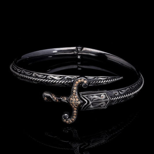 Gental Gems by Karat Kings | Exclusive Adjustable Silver Sword studded with Black Zirconia Handcuff Bracelet for Men & Boys |  Sterling Silver Bracelet | Men's Jewelry | With Certificate of Authenticity and  Hallmark