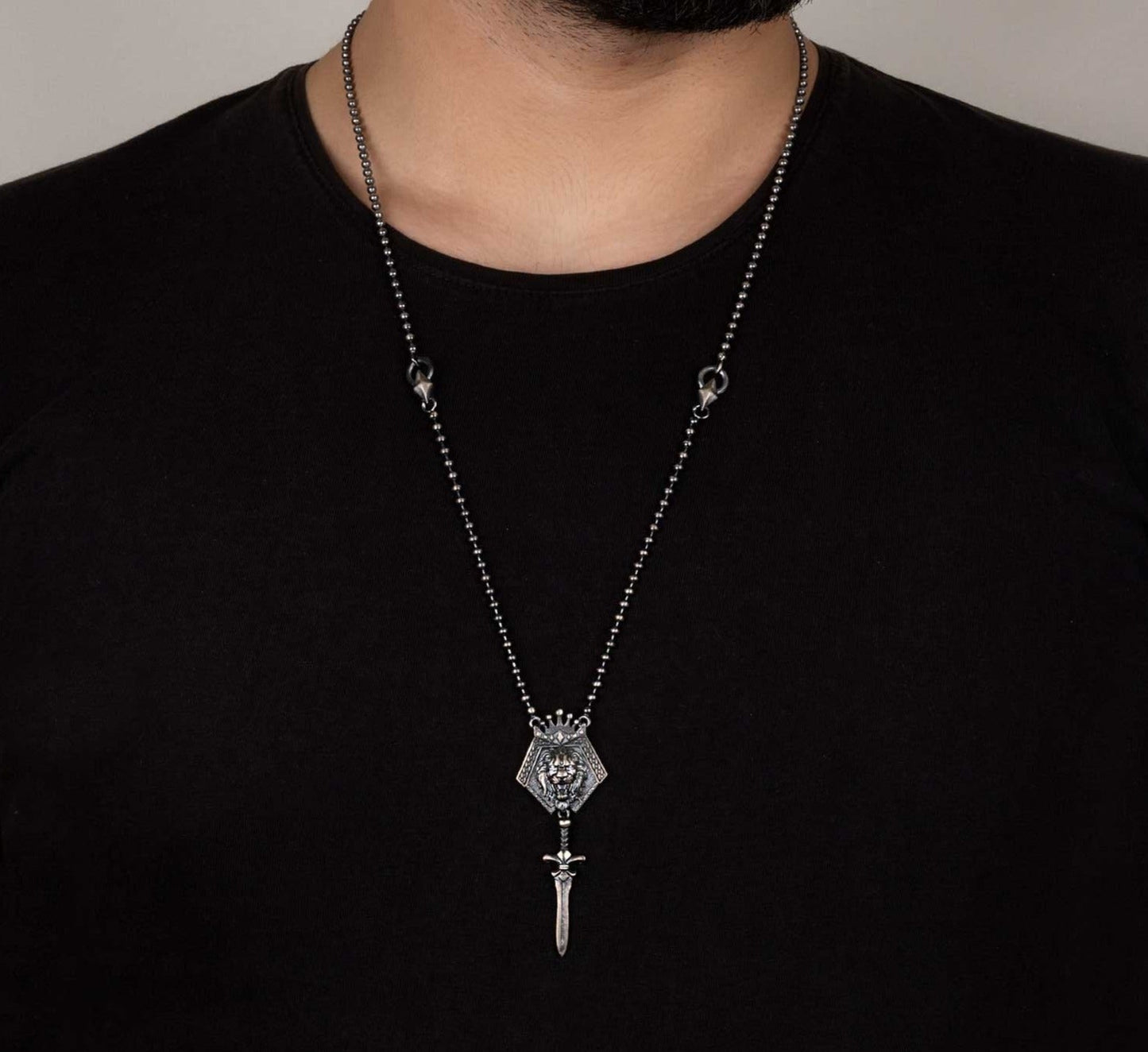 Gental Gems by Karat Kings | Unique Designed King Lion with Sword Pendant Necklace with Ball Chain |  Sterling Silver Oxidized Necklace