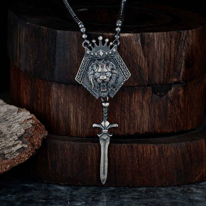 Gental Gems by Karat Kings | Unique Designed King Lion with Sword Pendant Necklace with Ball Chain |  Sterling Silver Oxidized Necklace
