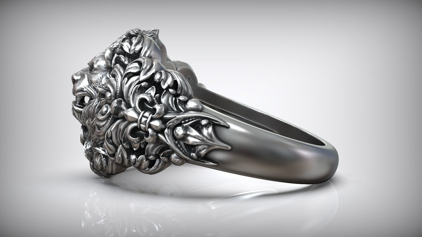 Gental Gems by Karat Kings | Unique Designed Lion Head Ring with Royal Fleur De Lis |  Sterling Silver Oxidized Ring