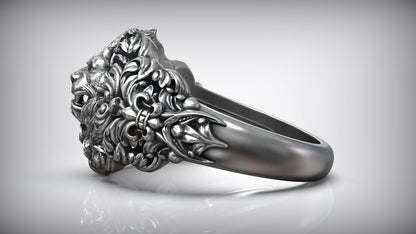 Gental Gems by Karat Kings | Unique Designed Lion Head Ring with Royal Fleur De Lis |  Sterling Silver Oxidized Ring