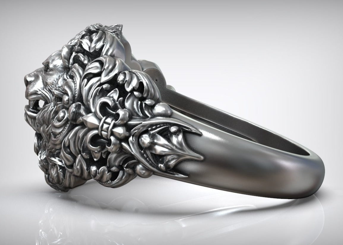 Gental Gems by Karat Kings | Unique Designed Lion Head Ring with Royal Fleur De Lis |  Sterling Silver Oxidized Ring