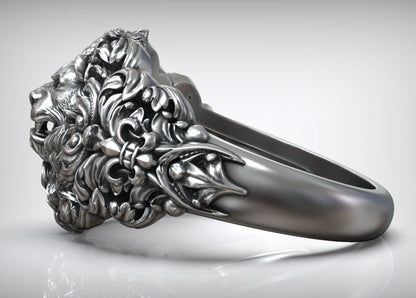 Gental Gems by Karat Kings | Unique Designed Lion Head Ring with Royal Fleur De Lis |  Sterling Silver Oxidized Ring