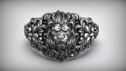Gental Gems by Karat Kings | Unique Designed Lion Head Ring with Royal Fleur De Lis |  Sterling Silver Oxidized Ring