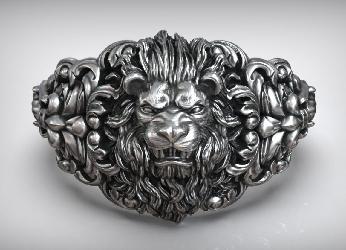 Gental Gems by Karat Kings | Unique Designed Lion Head Ring with Royal Fleur De Lis |  Sterling Silver Oxidized Ring