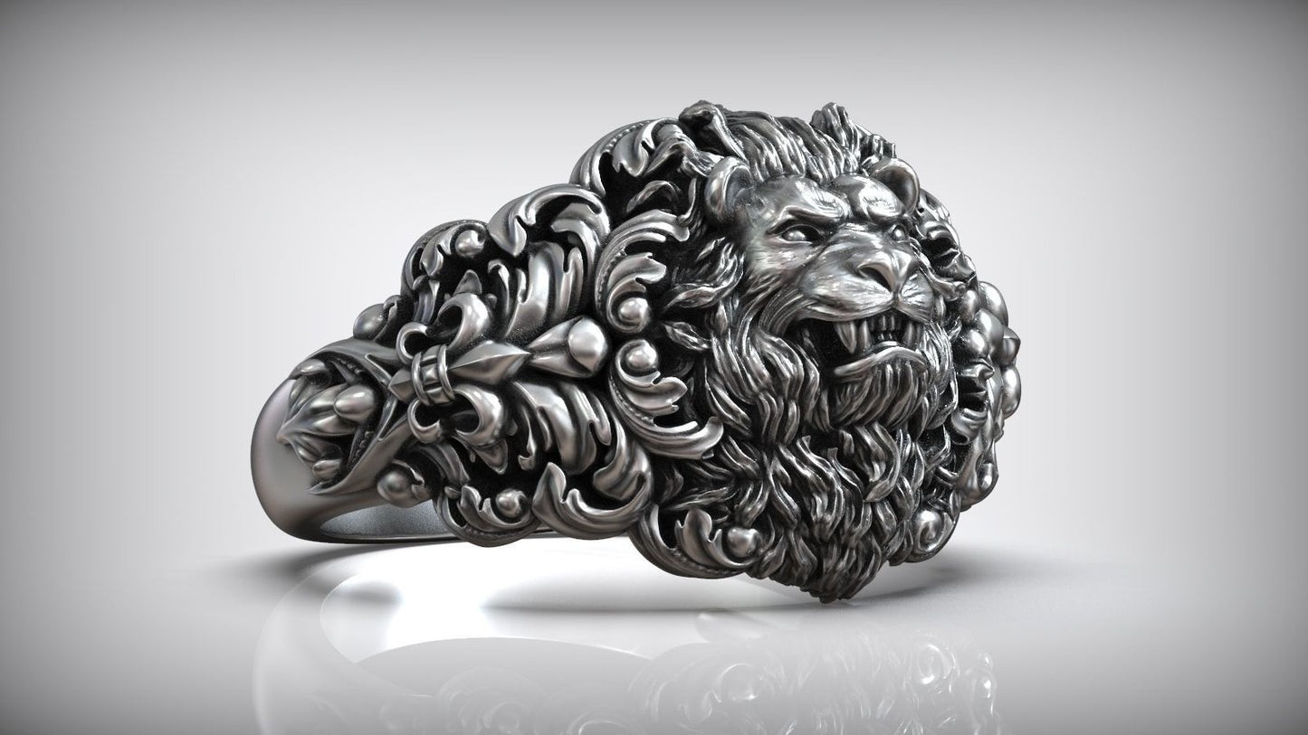 Gental Gems by Karat Kings | Unique Designed Lion Head Ring with Royal Fleur De Lis |  Sterling Silver Oxidized Ring