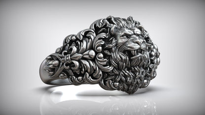Gental Gems by Karat Kings | Unique Designed Lion Head Ring with Royal Fleur De Lis |  Sterling Silver Oxidized Ring