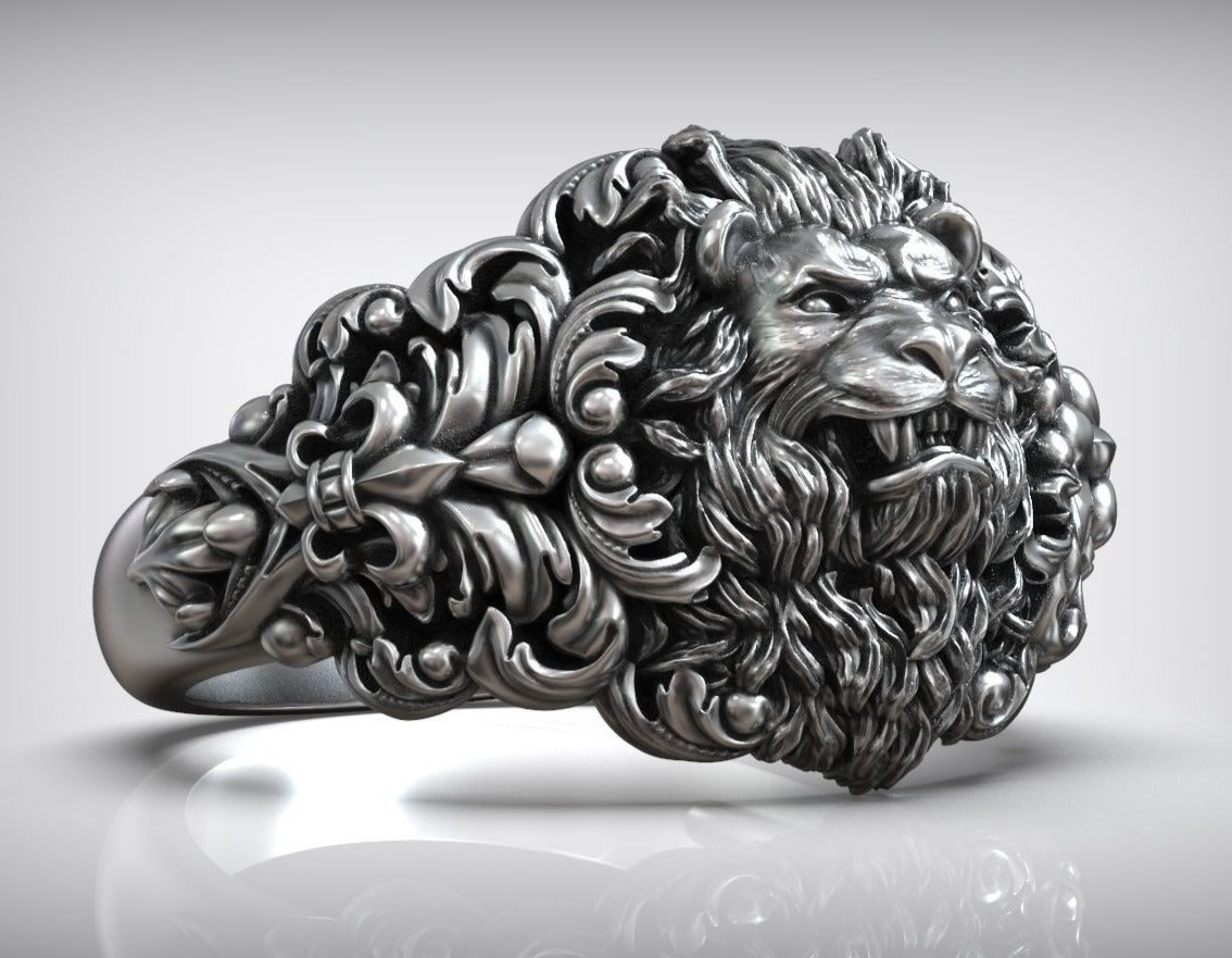 Gental Gems by Karat Kings | Unique Designed Lion Head Ring with Royal Fleur De Lis |  Sterling Silver Oxidized Ring