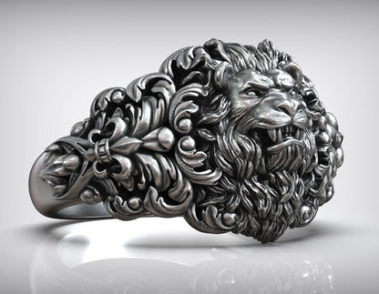 Gental Gems by Karat Kings | Unique Designed Lion Head Ring with Royal Fleur De Lis |  Sterling Silver Oxidized Ring