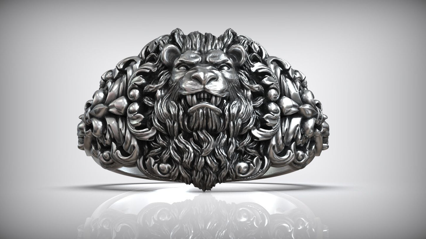 Gental Gems by Karat Kings | Unique Designed Lion Head Ring with Royal Fleur De Lis |  Sterling Silver Oxidized Ring